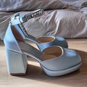 DIVOLYA Baby Blue Satin Square Toe Heel